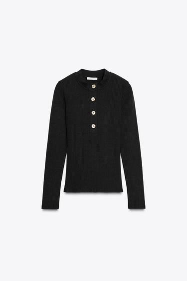 RIBBED T-SHIRT WITH BUTTONS - Black by Zara - Image 0