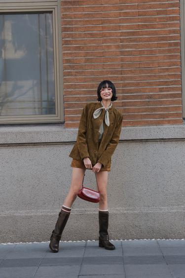 Zara 方格口袋巾府綢襯衫 - 裸色 / 黑色