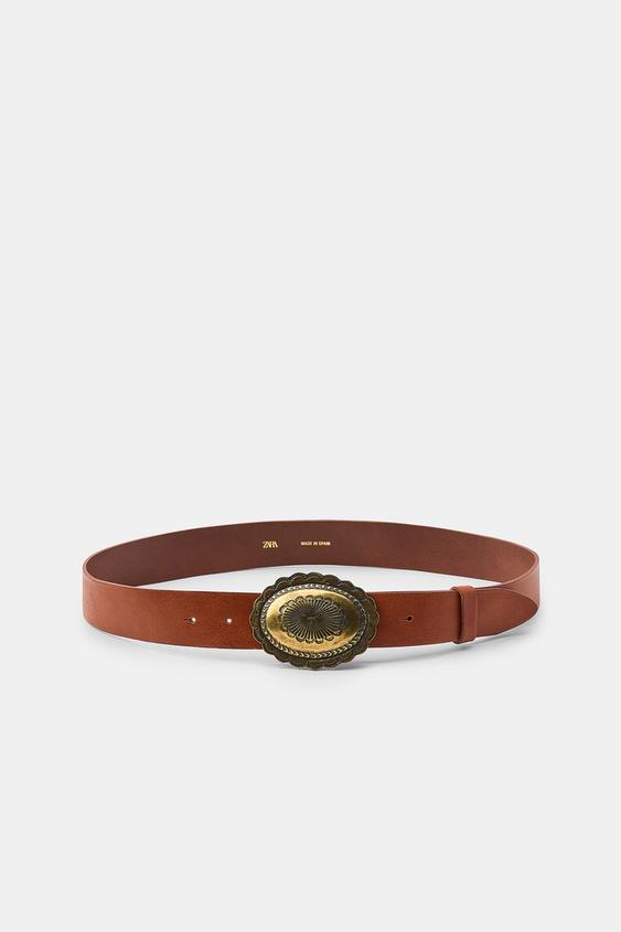 100% LEATHER BELT WITH DETAILED BUCKLE - Chocolate by Zara - Image 0