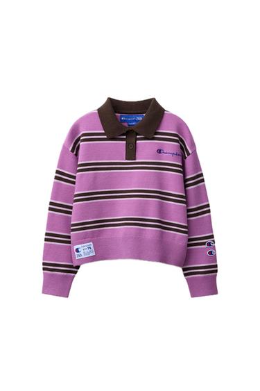 Zara CHAMPION ® X ZARA EMBROIDERED STRIPED KNIT SWEATER - Purple
