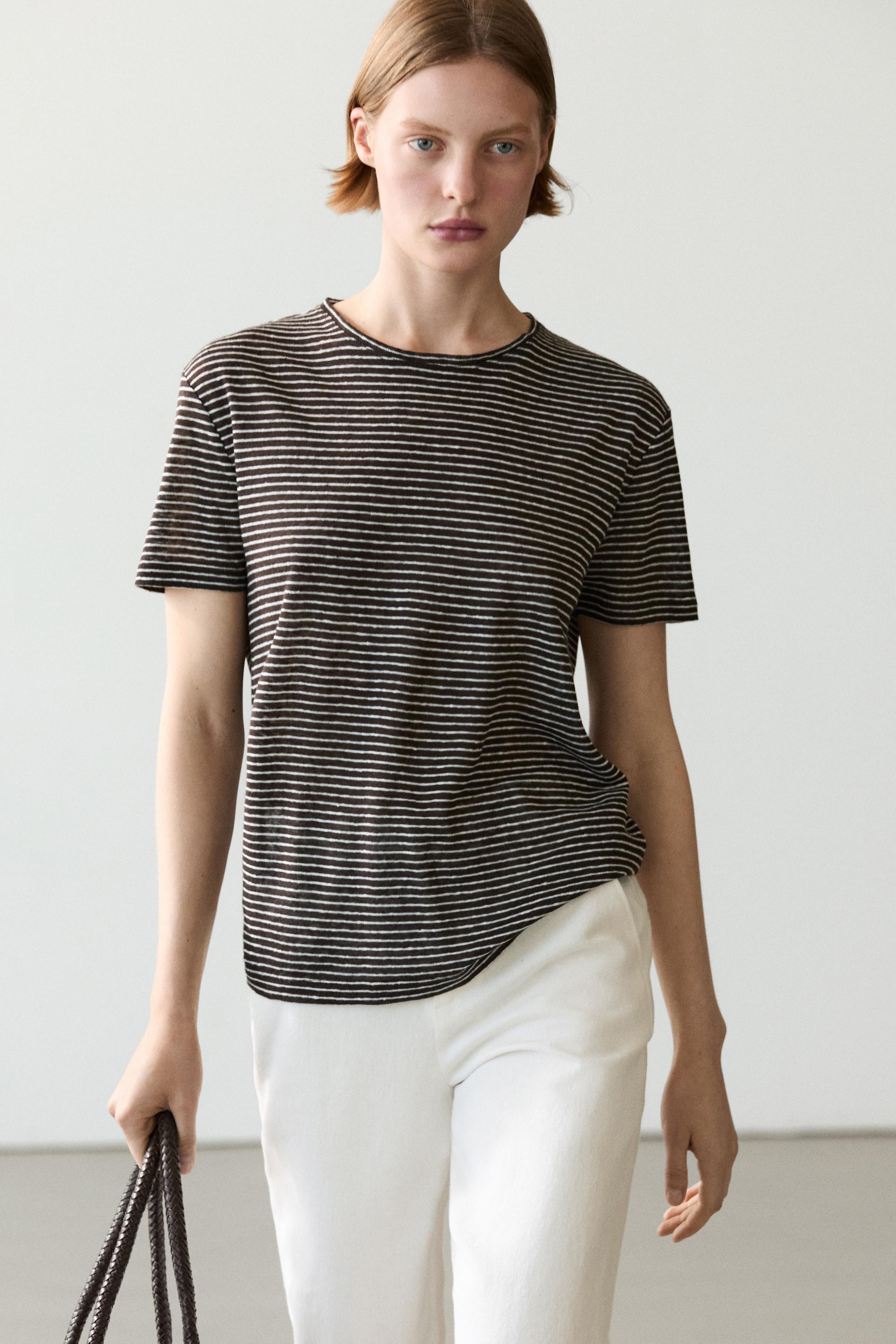 100% linen regular fit striped T-shirt