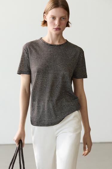Zara 100% linen regular fit striped T-shirt - Brown