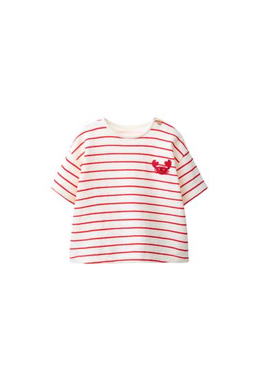 KOSZULKA W PASKI Z HAFTOWANYM KRABEM - Biało-czerwony Zara