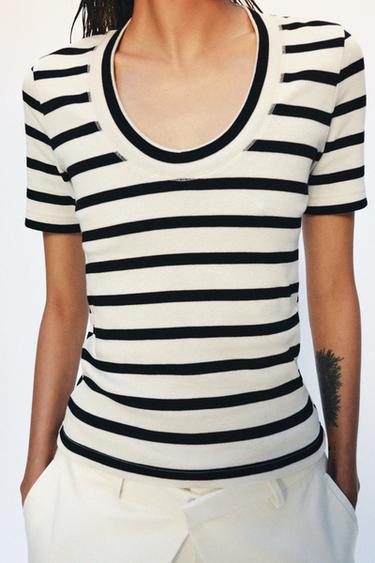 Zara ROUND NECK RIBBED T-SHIRT - Black / White