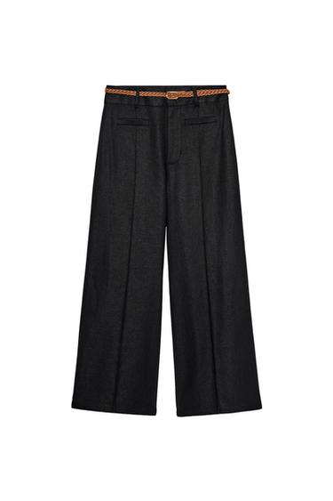 PANTALON JUPE-CULOTTE EN LIN AVEC CEINTURE TRESSÉE - Noir de Zara