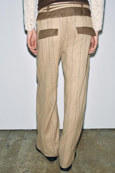 Zara ZW COLLECTION LINEN BLEND PANTS - Mid-camel