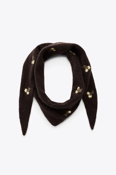 KNITTED BANDANA WITH FLORAL EMBROIDERY - Brown by Zara