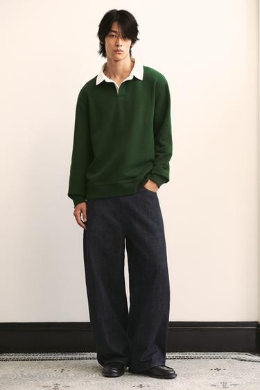 Zara 撞色領POLO衫 - 深綠色
