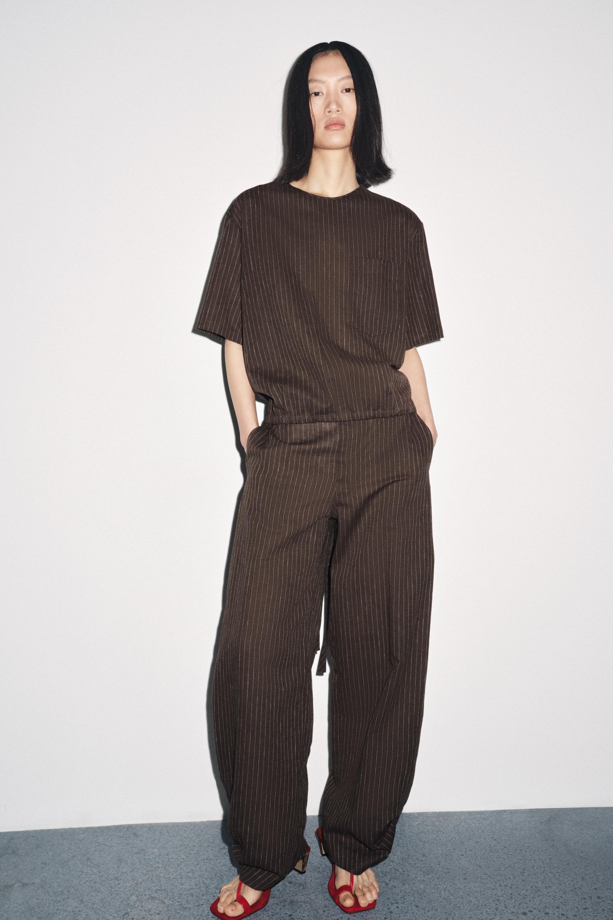 ZARA ストライプ　リネン　トップス ZW COLLECTION リネン混紡ストライプ柄トップス - ブラウン