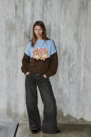 Zara PRINTED KNIT JUMPER - Brown