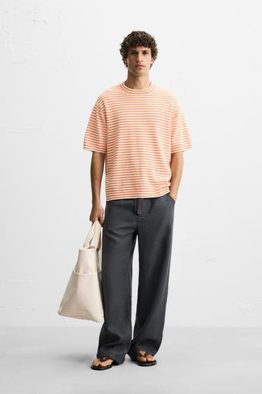 Zara STRIPED TEXTURED KNIT T-SHIRT - white-orange