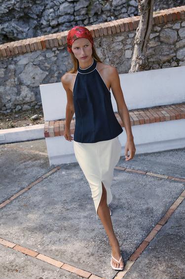 CONTRAST TRIM HALTER TOP - Navy blue by Zara - Image 0