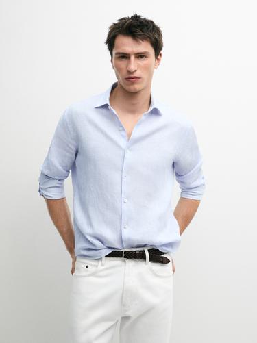 Zara 100% linen regular fit striped shirt - Light blue
