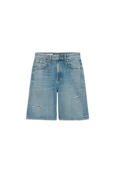TRF MID-WAIST RIPPED BAGGY DENIM BERMUDA SHORTS - Blue by Zara