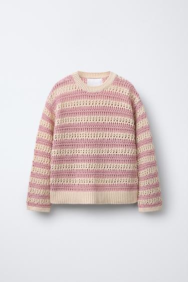 STRIPED CUTWORK KNIT SWEATER - Dusty pink by Zara - Image 0