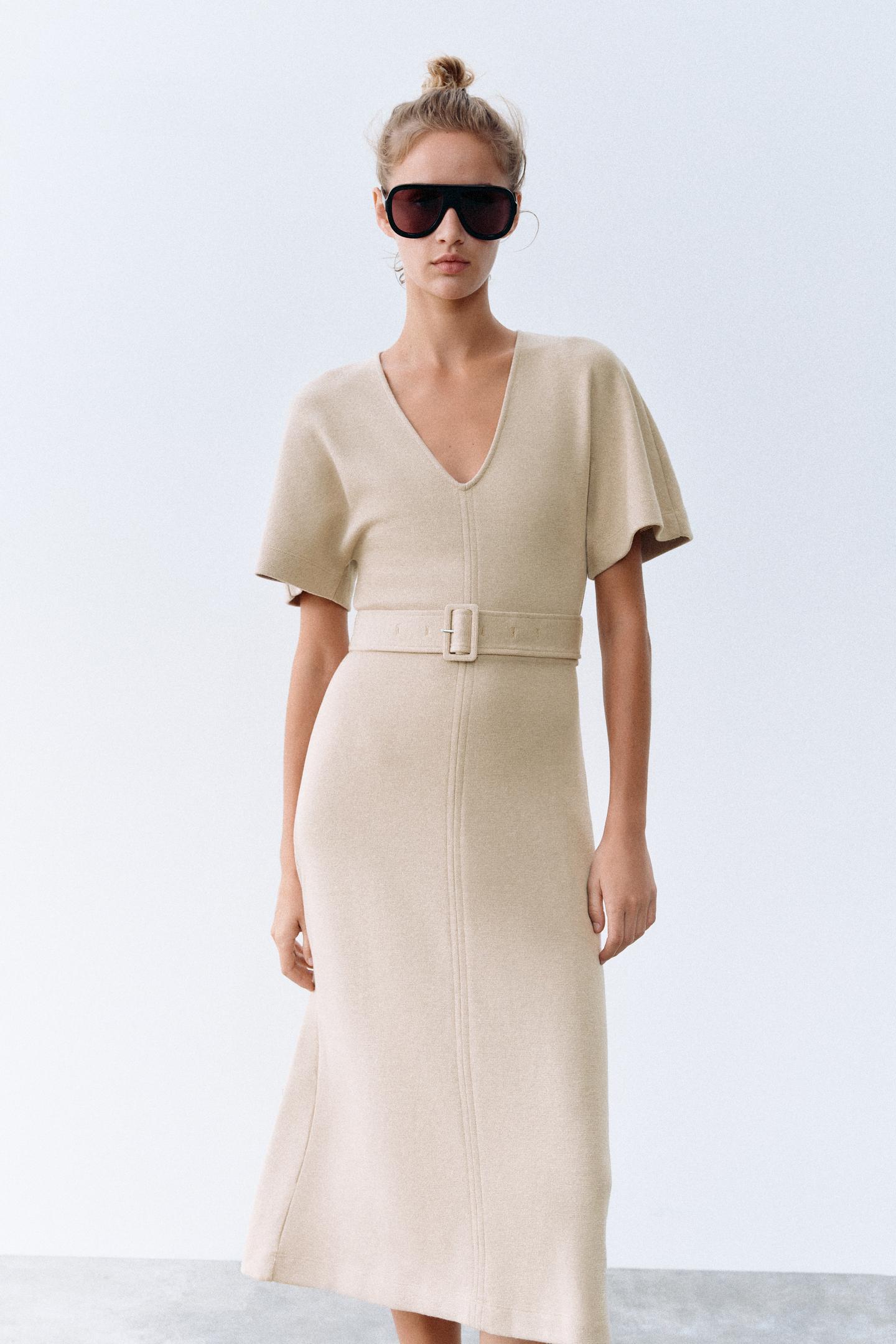 Женское платье Zara Soft MIDI Dress with Belt, цвет: Светлый верблюжий — фото 2
