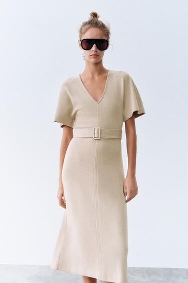 SOFT MIDI DRESS WITH BELT — Light camel 2