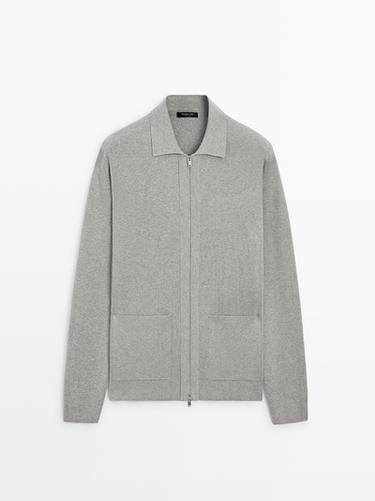 Cardigan zippé avec poches en coton et en laine - Gris chiné de Zara