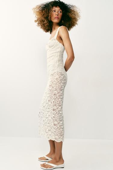 Zara LACE MIDI DRESS - Ecru