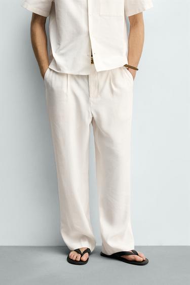 Zara RELAXED FIT PLEATED PANTS - White