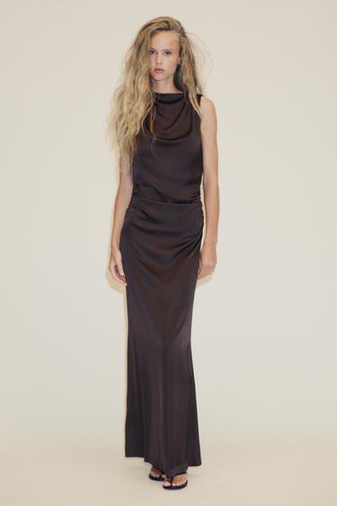 Zara OPEN-BACK SATIN LONG DRESS - Dark brown