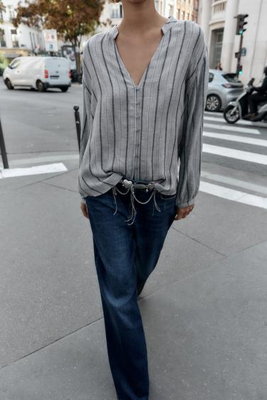 WOVEN STRIPED BLOUSE - Grey marl by Zara - Image 0