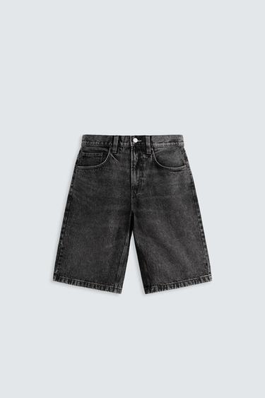 Zara BAGGY FIT DENIM SHORTS - Charcoal