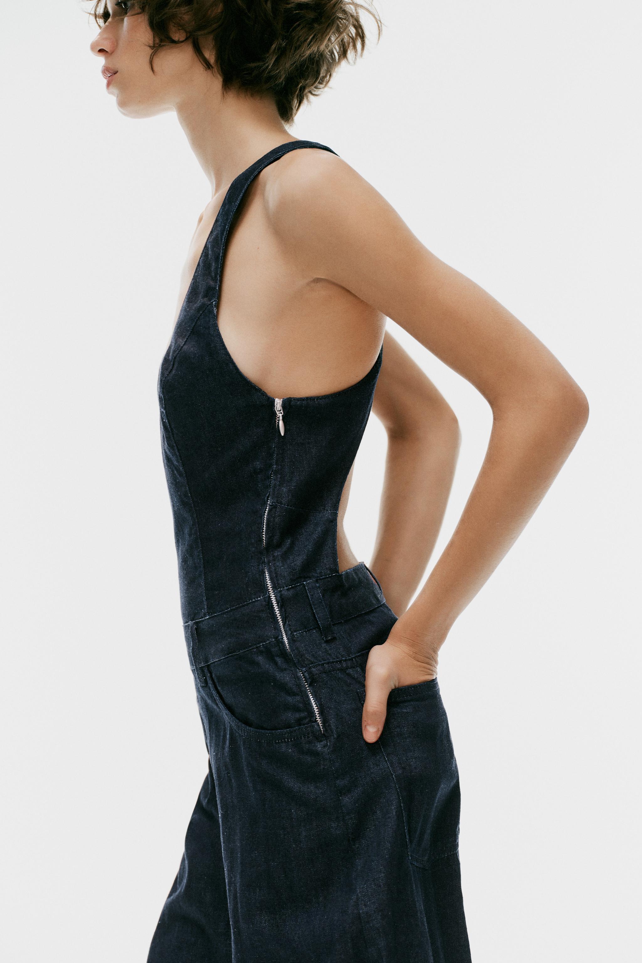 Zara CROSSOVER STRAP DENIM-EFFECT LONG JUMPSUIT — фото 4