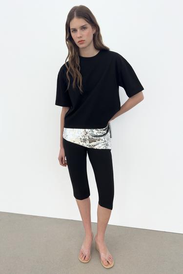 Zaras ASYMMETRISK T-SHIRT MED PALJETTER - Svart