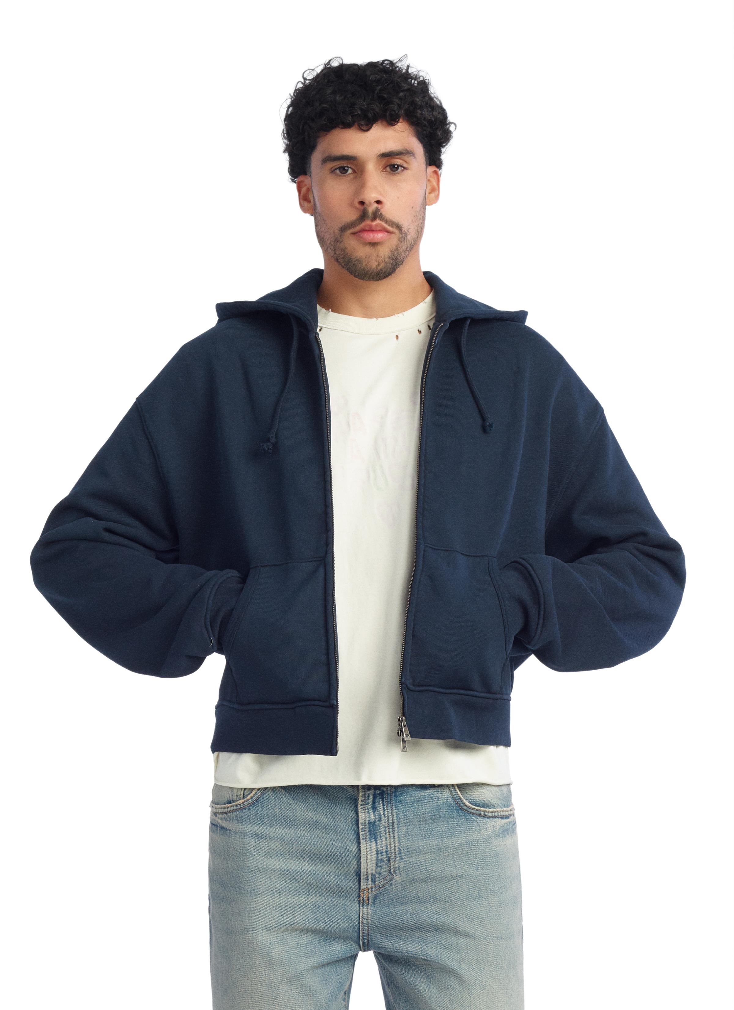 CROPPED FIT ZIPPER HOODIE SWEATSHIRT — Navy blue