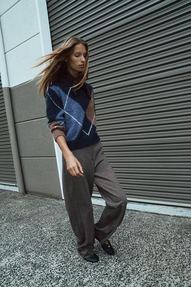 Zara DIAMOND KNIT JUMPER - Navy blue