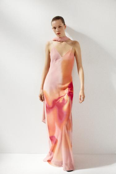 LONG PRINTED DRESS WITH SCARF - Pinks by Zara - Image 0