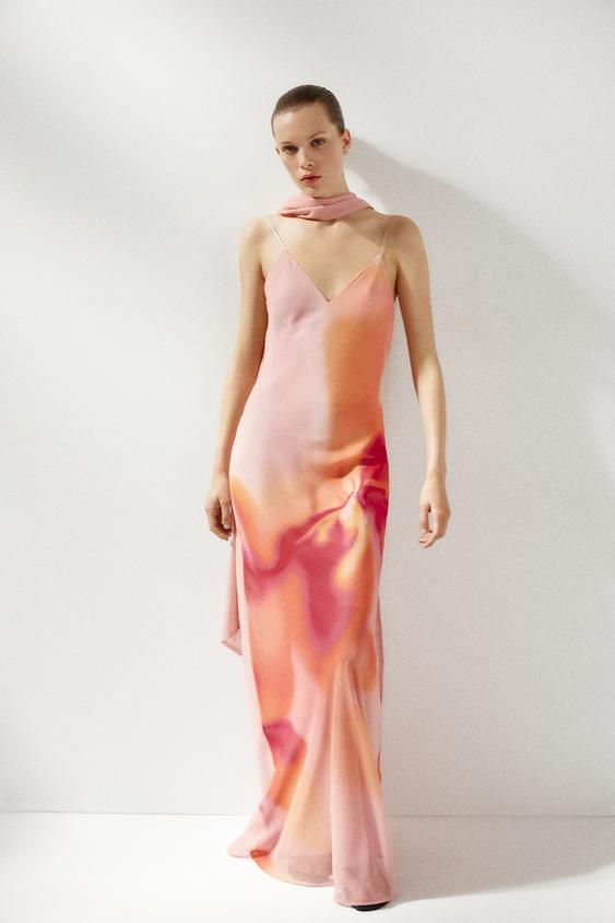 PRINTED LONG DRESS WITH SCARF Pinks ZARA Canada