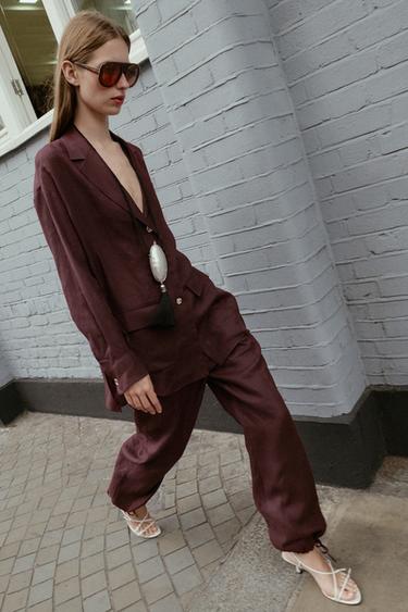 Zara LINEN BALLOON PANTS - Eggplant