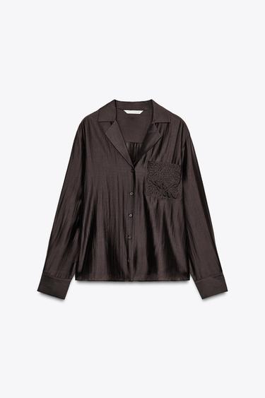 ZW COLLECTION EMBROIDERED POCKET SHIRT - Brown by Zara - Image 6