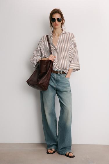 STRIPED LINEN BLEND SHIRT - Brown / Ecru by Zara