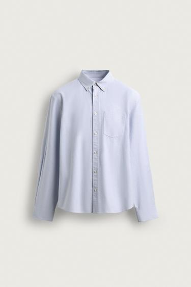 Zara TEXTURED OXFORD SHIRT - White / Sky blue