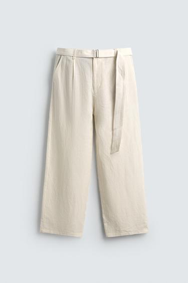 100% LINEN RELAXED FIT TROUSERS WITH BELT - Oyster-white by Zara