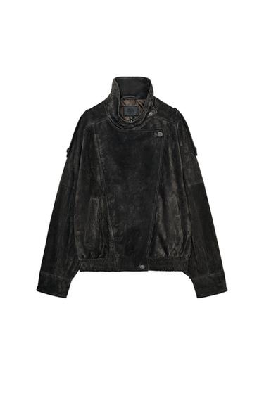 100% SUEDE LEATHER BIKER JACKET WITH COVERED BUTTONS