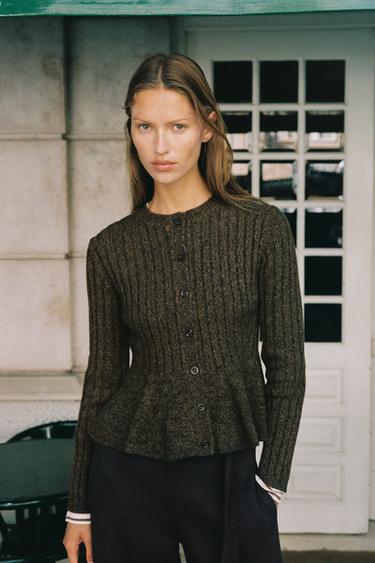 RIBBED PEPLUM CARDIGAN - Green marl by Zara - Image 3