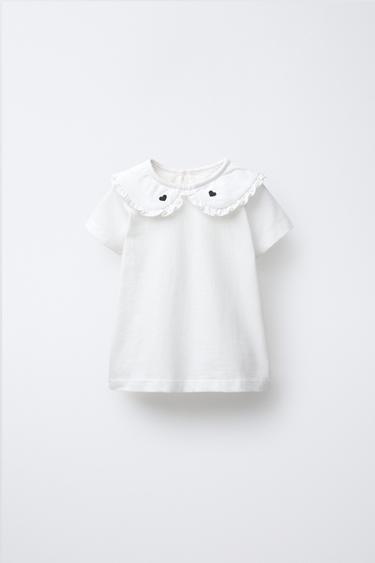 Zara EMBROIDERED HEART PETER PAN COLLAR T-SHIRT - Ecru