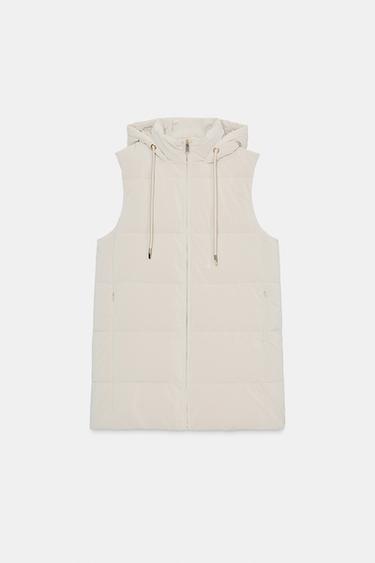 LONG QUILTED GILET WITH HOOD - Ecru by Zara - Image 6