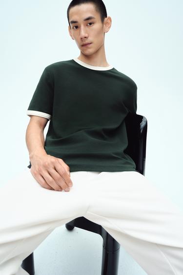 BASIC CONTRAST RIB T-SHIRT - Dark green by Zara