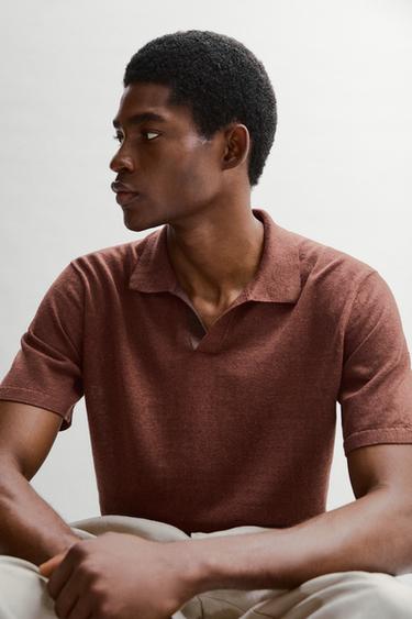 Zara Linen V-neck polo sweater - Russet