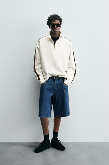 Zara CONTRAST STRIPE QUARTER-ZIP SWEATSHIRT - Ecru - Image 0