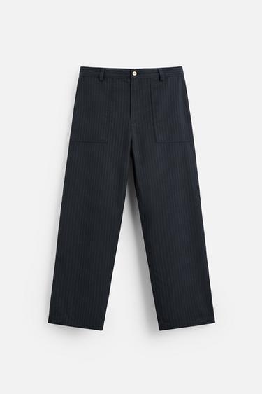 Zara PINSTRIPE CARPENTER POCKET PANTS - Navy blue
