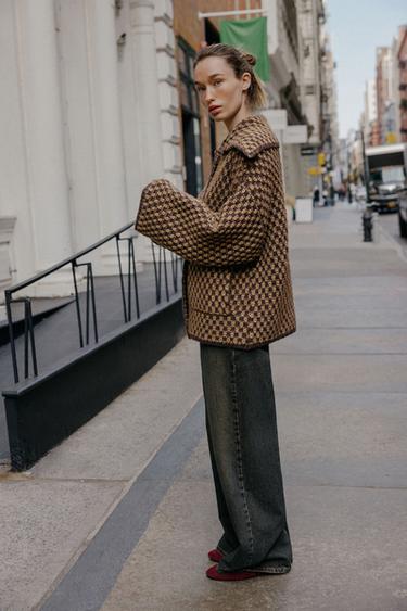 Zara OVERSIZED KNIT JACKET - Mink brown