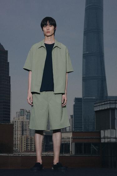 Zara 科技布料褶飾短褲 - 中綠色