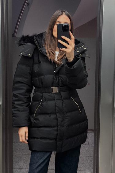 Zara WATER AND WIND PROTECTION HOODED BELTED DOWN JACKET - Black - Image 0