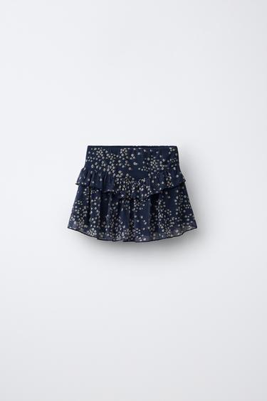 Zara RUFFLED FLORAL SKIRT - Navy blue
